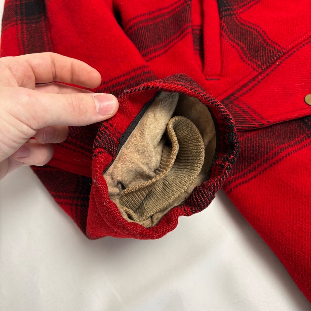 Vintage 30s Buffalo Hunting Jacket w Hood Mens Medium Red Plaid 1940s Wool Coat - Picture 10 of 16